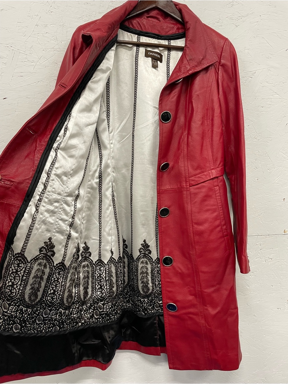 Vintage Danier Red Leather Button-Front Lined Trench Coat, Size XS - Picture 9 of 12